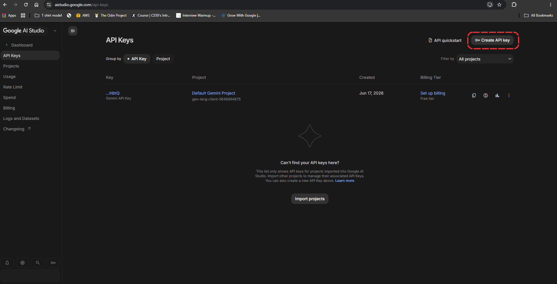 Google AI Studio's API Keys page, with the “Create API key” button highlighted in the top right.