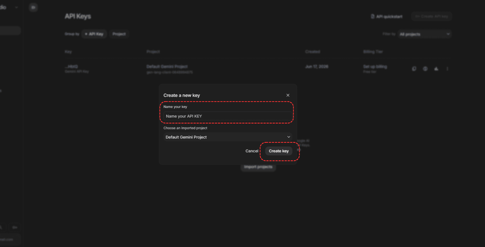 The “Create a new key” dialog: a field to name the key, a project picker, and the “Create key” button.