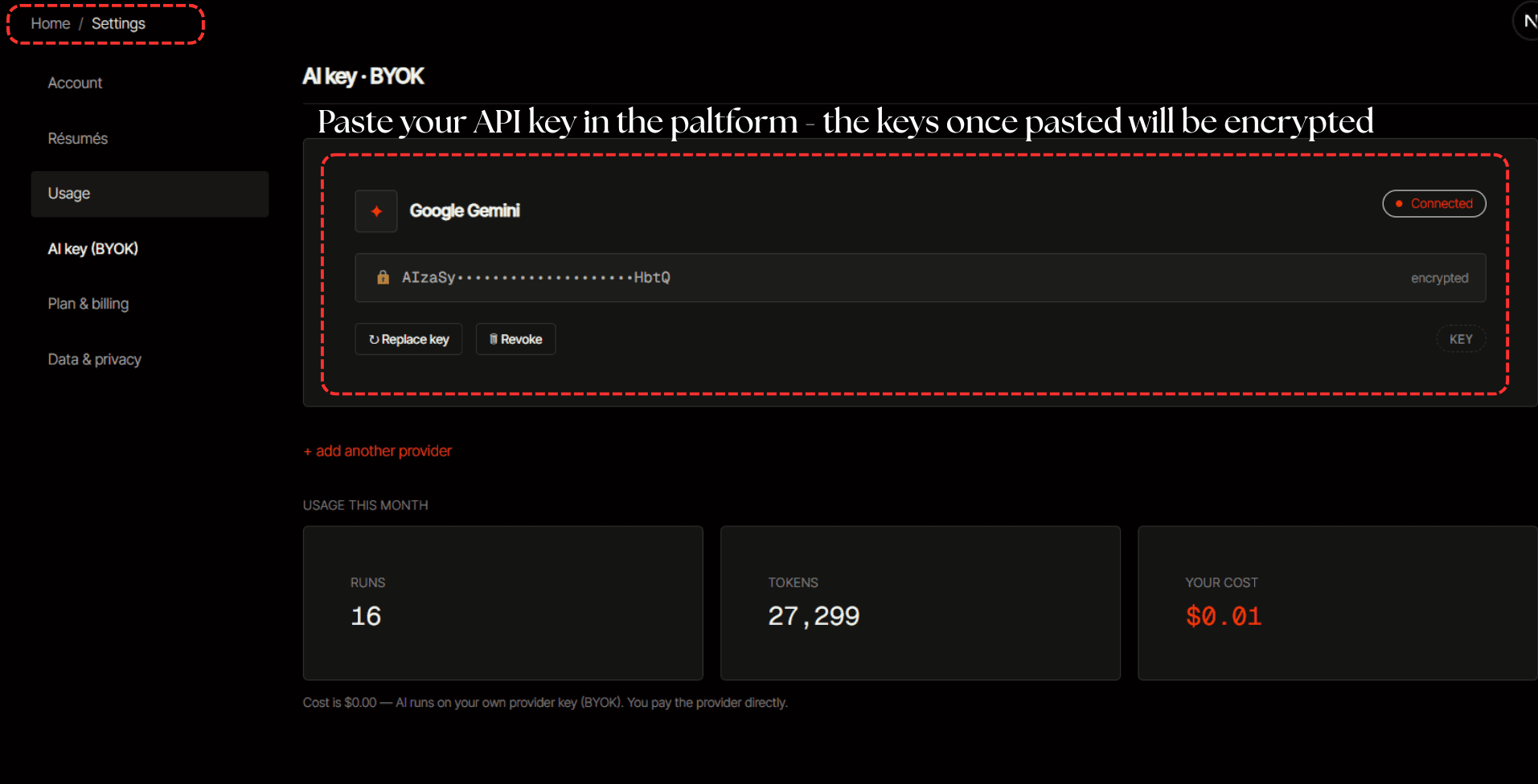 Weydr's Settings → AI key (BYOK) tab, showing a connected Google Gemini key, masked and marked encrypted.
